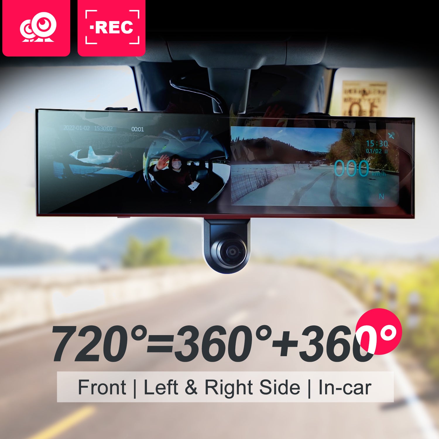 720° Panoramic Mirror Dash Cam, 2K+2K UHD｜AKY-V720S