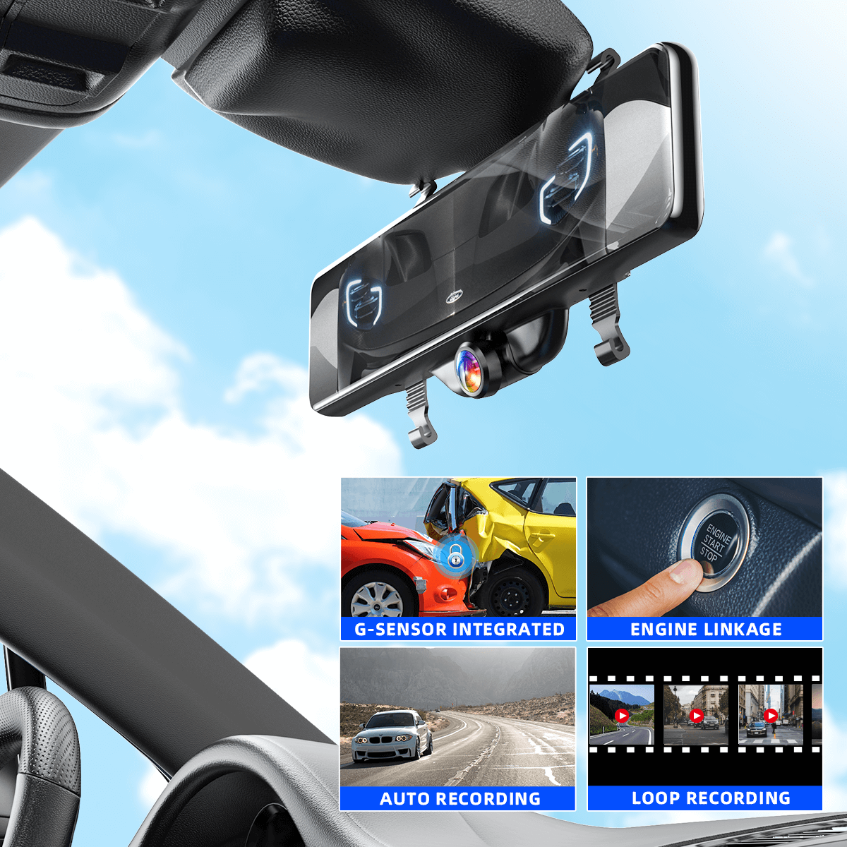 Dashcam con espejo de 360° y pantalla táctil IPS de 12”｜AKY-V360S